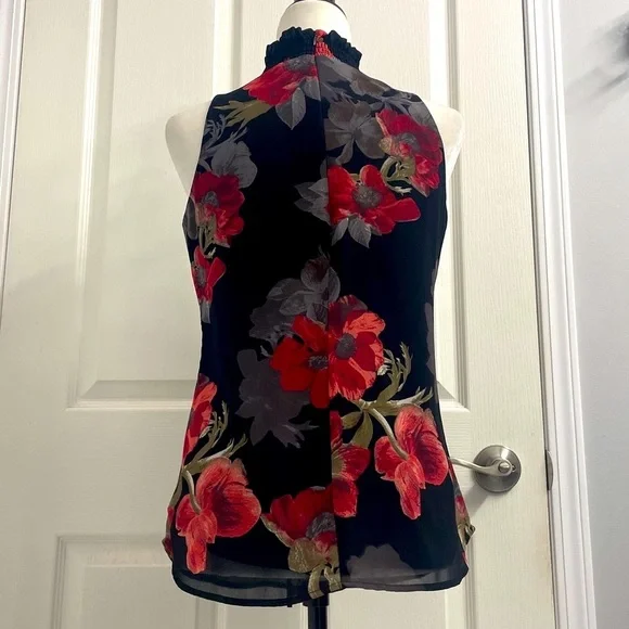 Elegant Sleeveless Black Floral Blouse Lined Ruched High Neck Back Zipper Sz XS - Picture 8 of 11